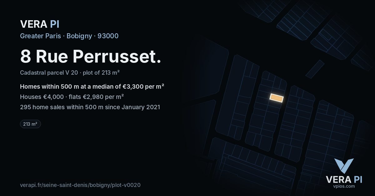 8 Rue Perrusset, Bobigny at night – the plot lit, the parcels around coloured by the prices near them