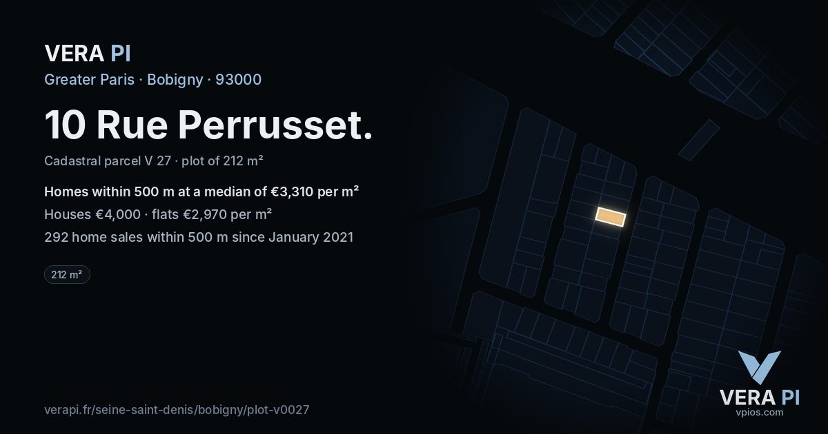 10 Rue Perrusset, Bobigny at night – the plot lit, the parcels around coloured by the prices near them