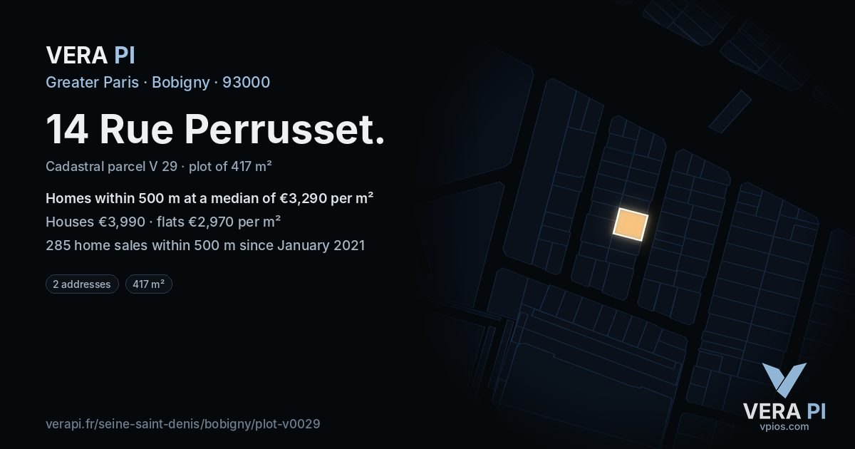 14 Rue Perrusset, Bobigny at night – the plot lit, the parcels around coloured by the prices near them
