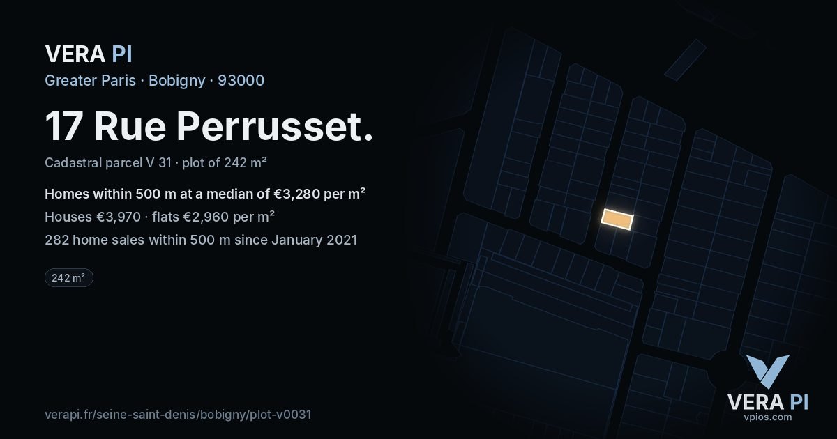 17 Rue Perrusset, Bobigny at night – the plot lit, the parcels around coloured by the prices near them