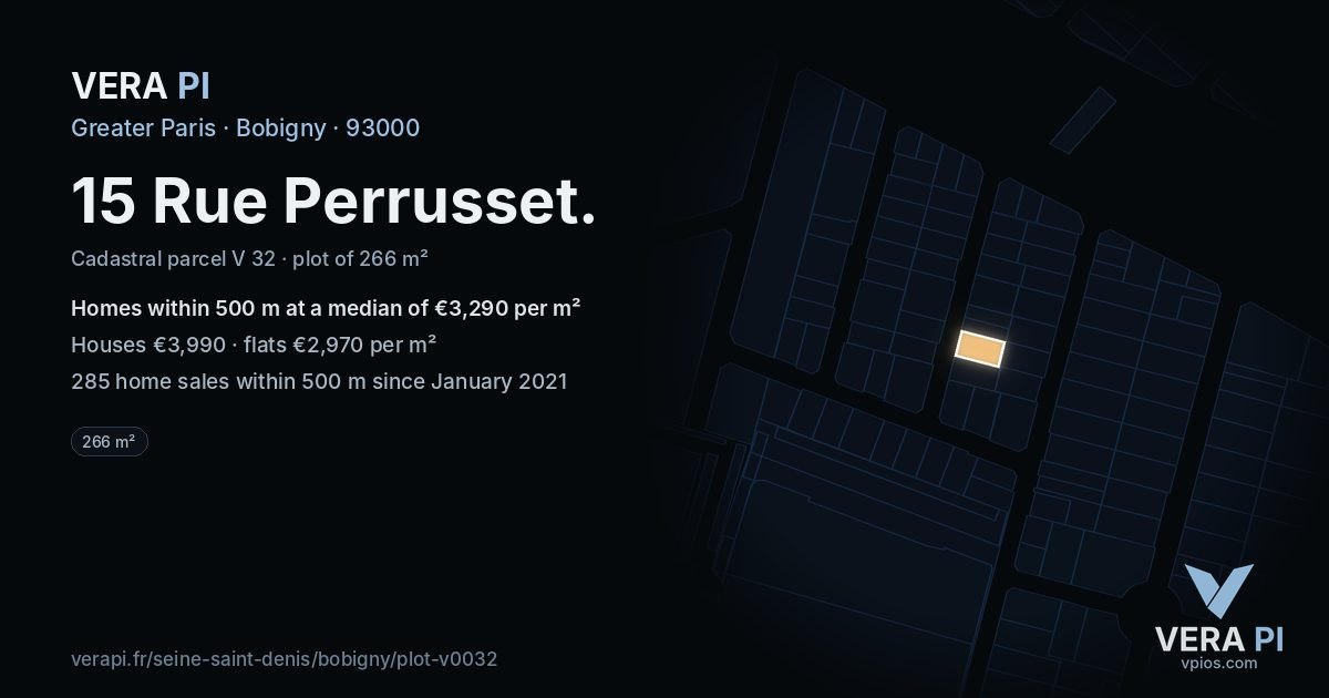 15 Rue Perrusset, Bobigny at night – the plot lit, the parcels around coloured by the prices near them