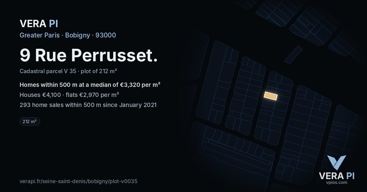 9 Rue Perrusset, Bobigny at night – the plot lit, the parcels around coloured by the prices near them
