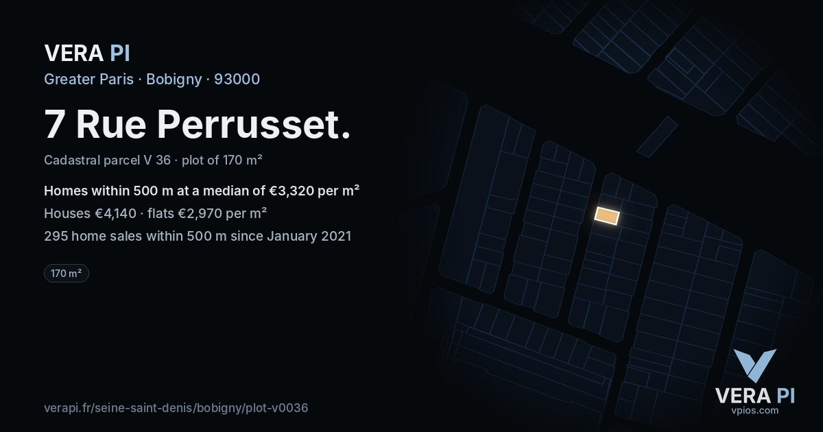 7 Rue Perrusset, Bobigny at night – the plot lit, the parcels around coloured by the prices near them