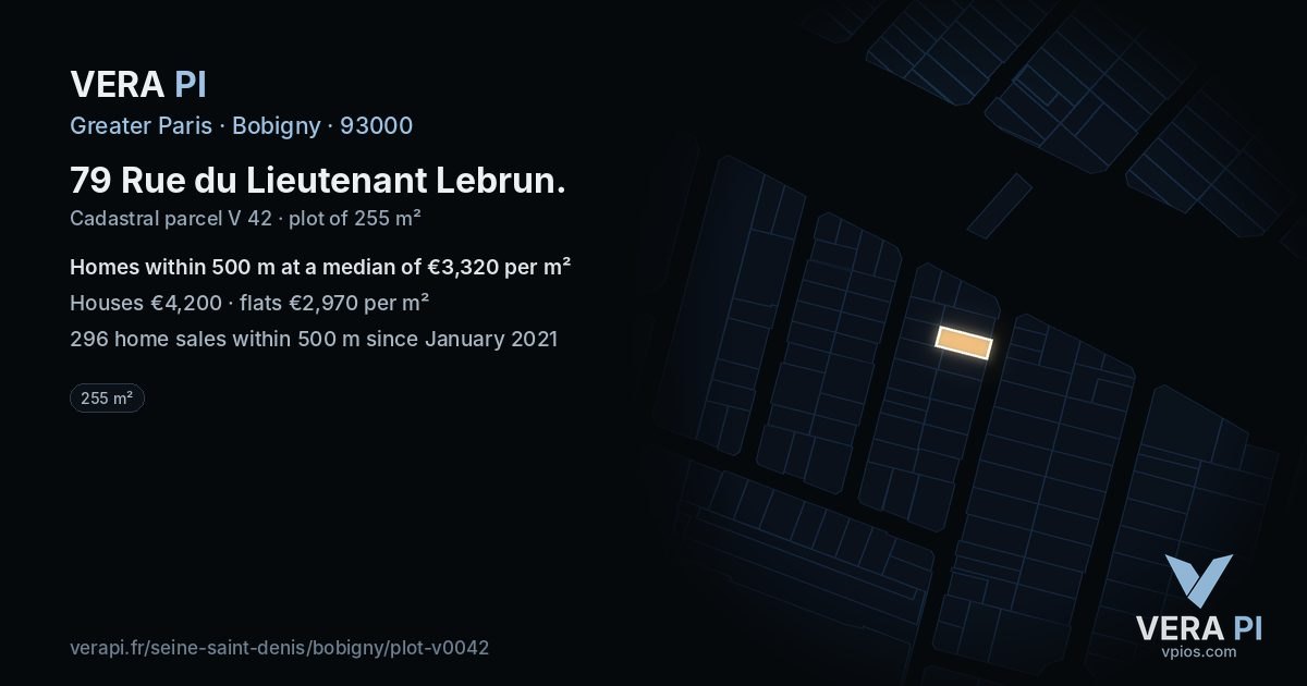 79 Rue du Lieutenant Lebrun, Bobigny at night – the plot lit, the parcels around coloured by the prices near them