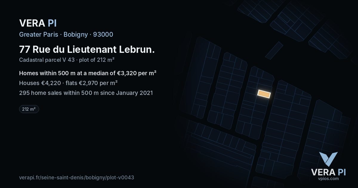 77 Rue du Lieutenant Lebrun, Bobigny at night – the plot lit, the parcels around coloured by the prices near them