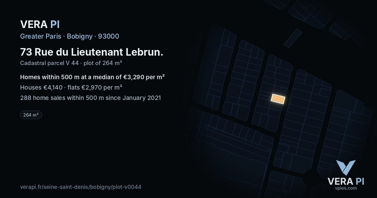 73 Rue du Lieutenant Lebrun, Bobigny at night – the plot lit, the parcels around coloured by the prices near them