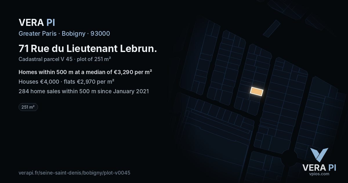 71 Rue du Lieutenant Lebrun, Bobigny at night – the plot lit, the parcels around coloured by the prices near them