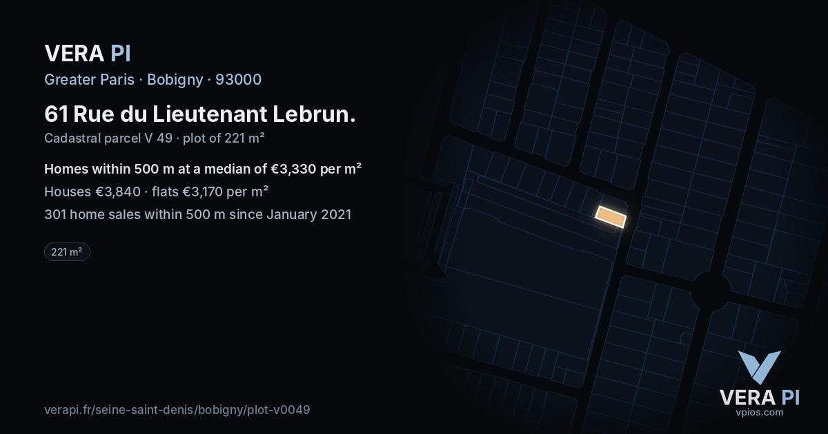 61 Rue du Lieutenant Lebrun, Bobigny at night – the plot lit, the parcels around coloured by the prices near them