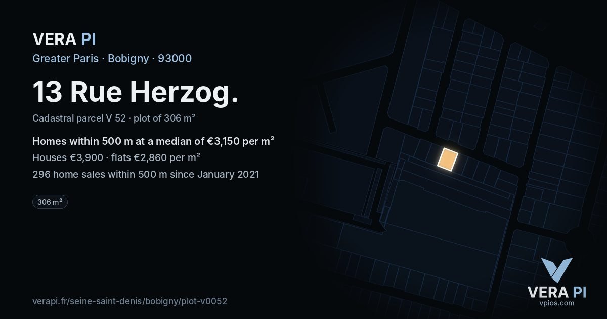 13 Rue Herzog, Bobigny at night – the plot lit, the parcels around coloured by the prices near them