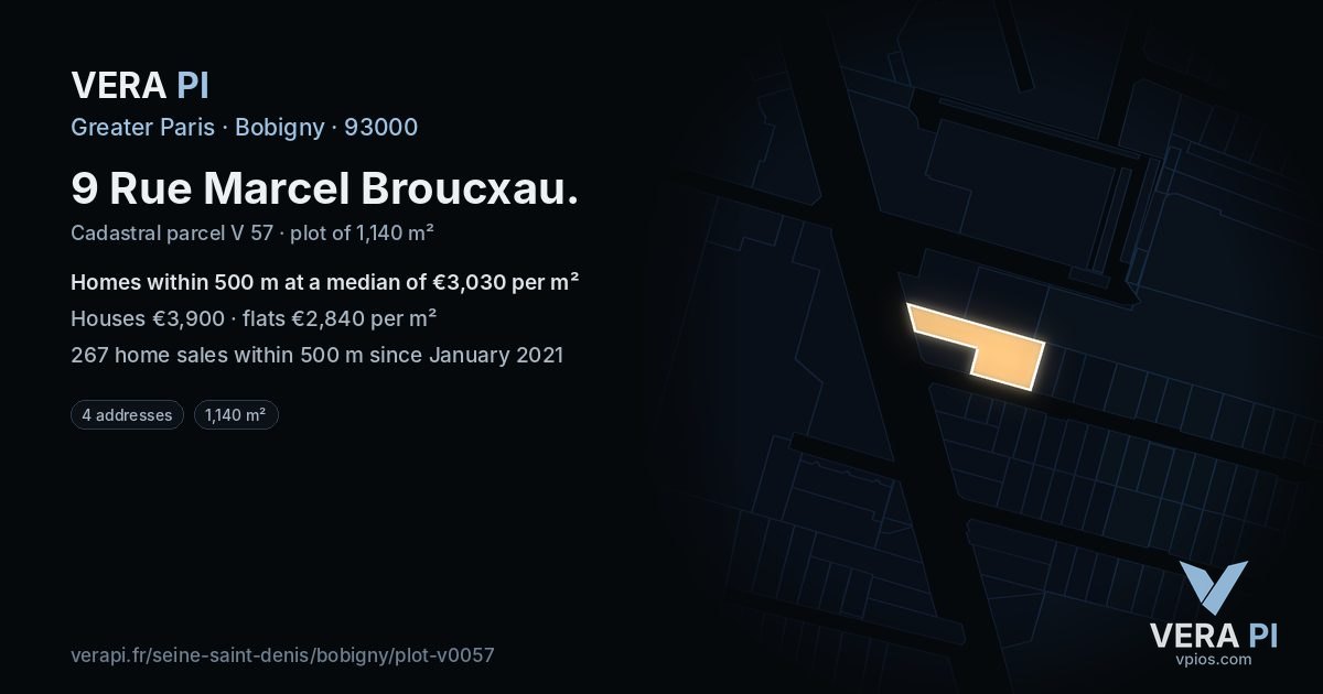 9 Rue Marcel Broucxau, Bobigny at night – the plot lit, the parcels around coloured by the prices near them