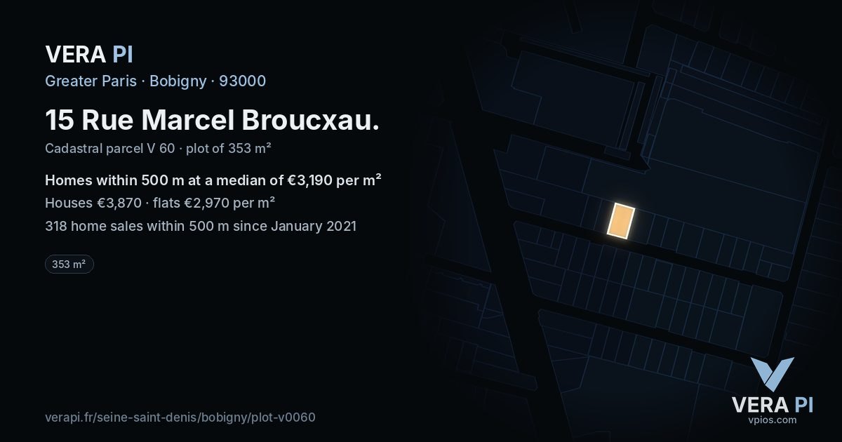 15 Rue Marcel Broucxau, Bobigny at night – the plot lit, the parcels around coloured by the prices near them