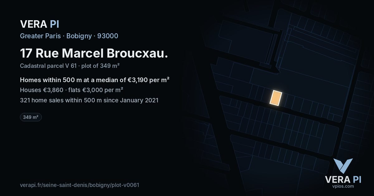 17 Rue Marcel Broucxau, Bobigny at night – the plot lit, the parcels around coloured by the prices near them