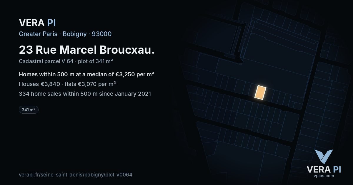 23 Rue Marcel Broucxau, Bobigny at night – the plot lit, the parcels around coloured by the prices near them