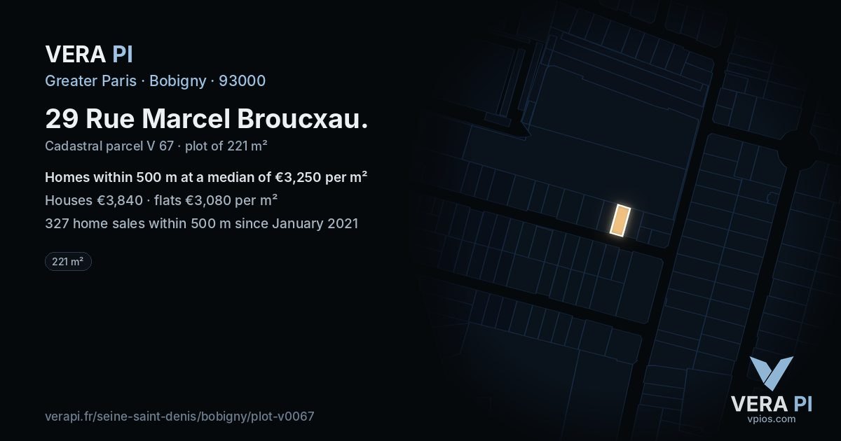 29 Rue Marcel Broucxau, Bobigny at night – the plot lit, the parcels around coloured by the prices near them