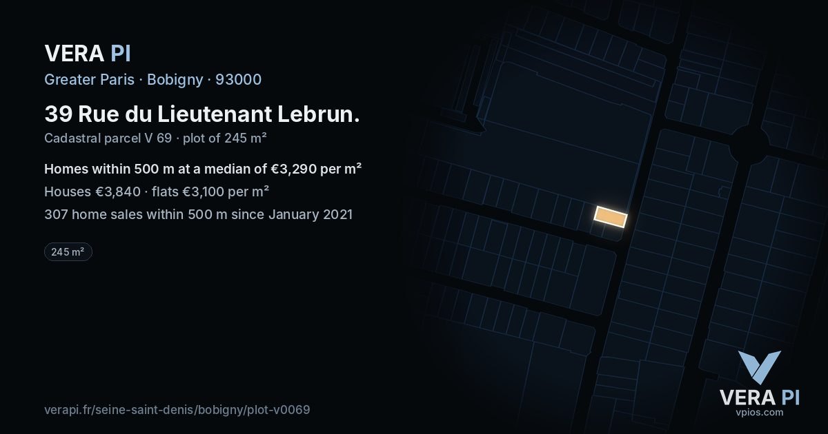 39 Rue du Lieutenant Lebrun, Bobigny at night – the plot lit, the parcels around coloured by the prices near them