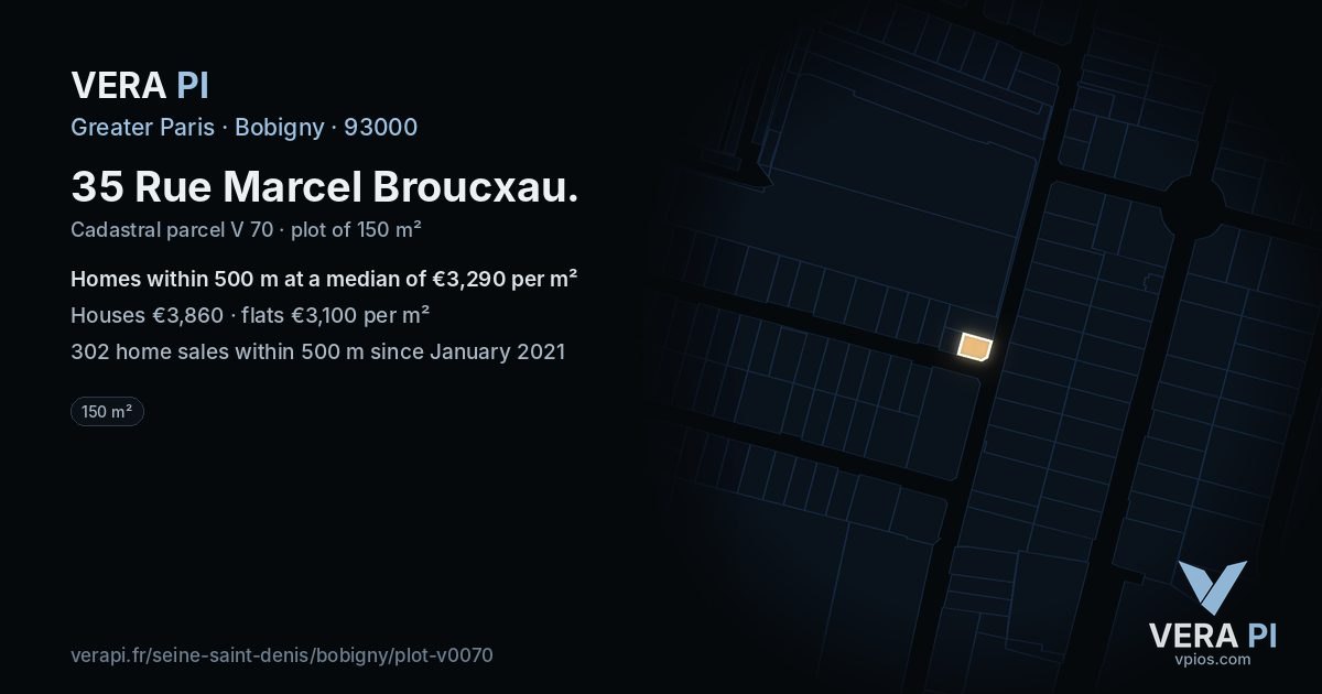 35 Rue Marcel Broucxau, Bobigny at night – the plot lit, the parcels around coloured by the prices near them