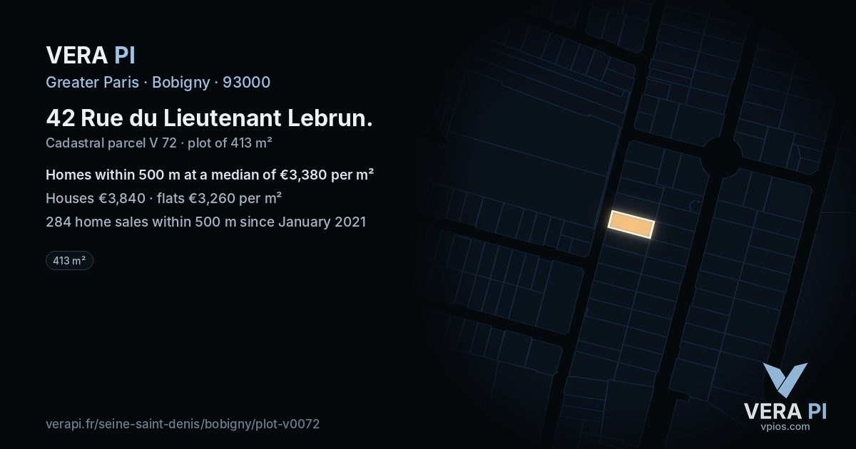 42 Rue du Lieutenant Lebrun, Bobigny at night – the plot lit, the parcels around coloured by the prices near them