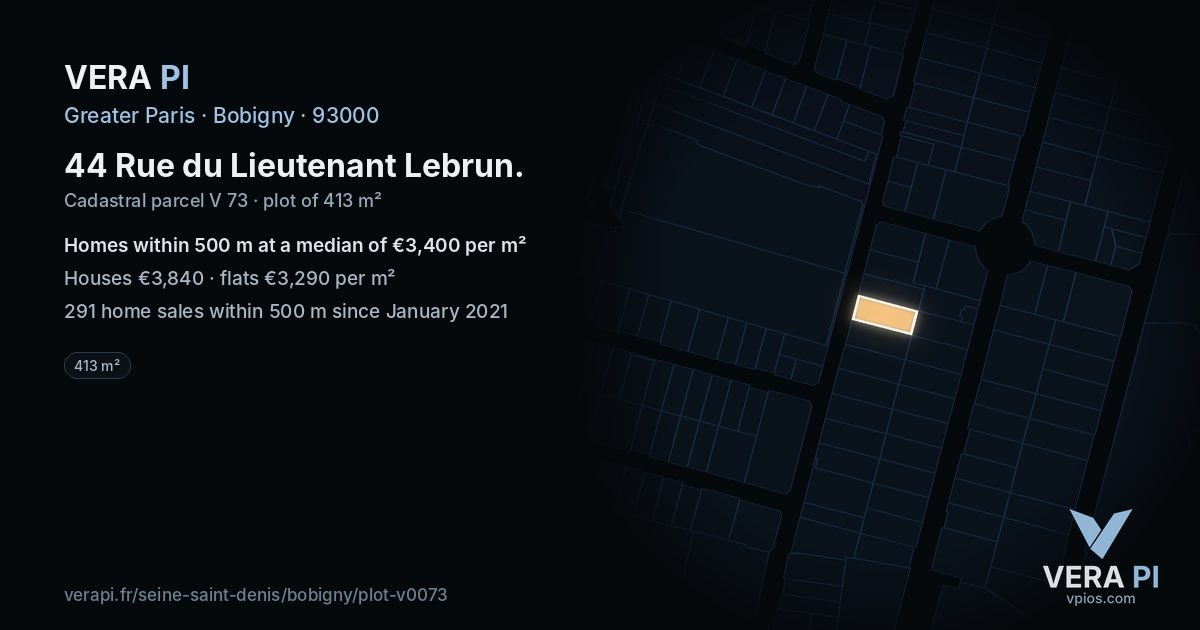 44 Rue du Lieutenant Lebrun, Bobigny at night – the plot lit, the parcels around coloured by the prices near them