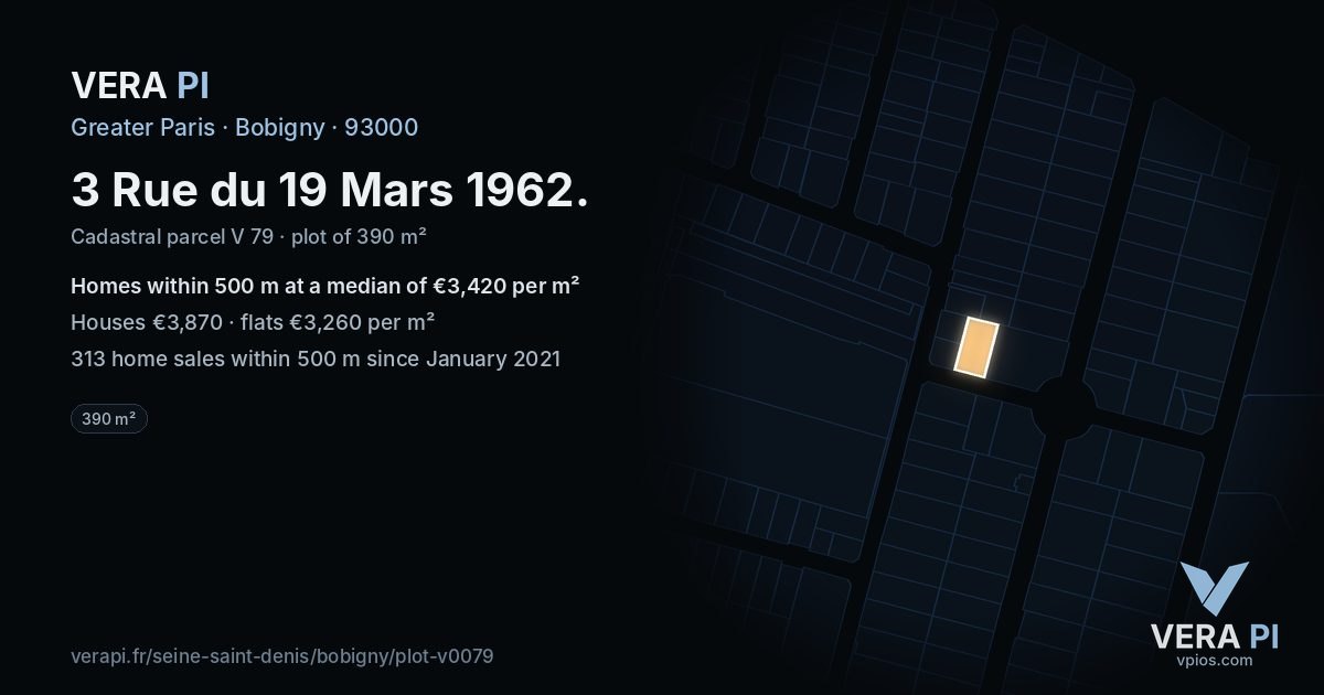 3 Rue du 19 Mars 1962, Bobigny at night – the plot lit, the parcels around coloured by the prices near them