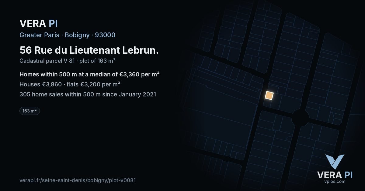 56 Rue du Lieutenant Lebrun, Bobigny at night – the plot lit, the parcels around coloured by the prices near them