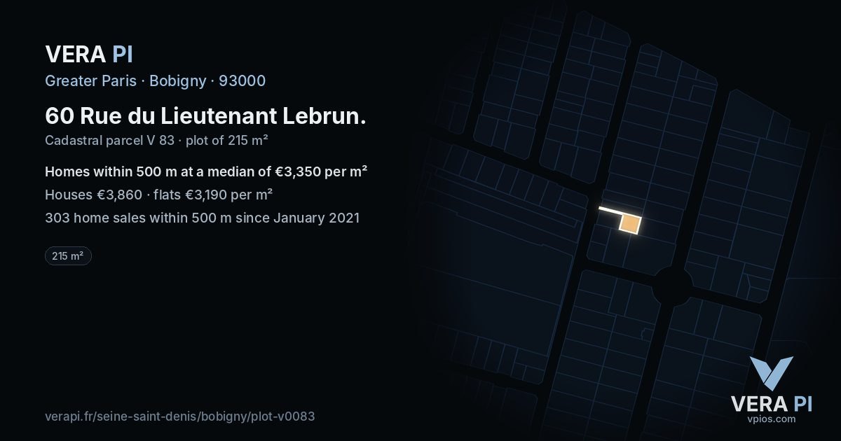 60 Rue du Lieutenant Lebrun, Bobigny at night – the plot lit, the parcels around coloured by the prices near them