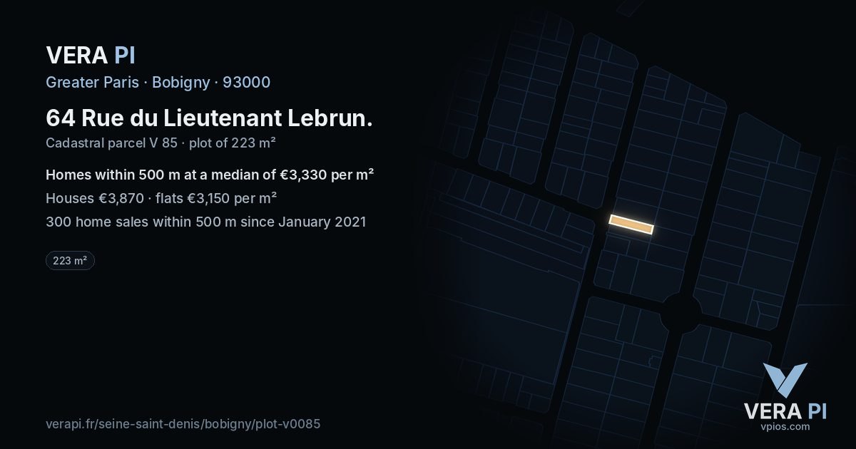 64 Rue du Lieutenant Lebrun, Bobigny at night – the plot lit, the parcels around coloured by the prices near them