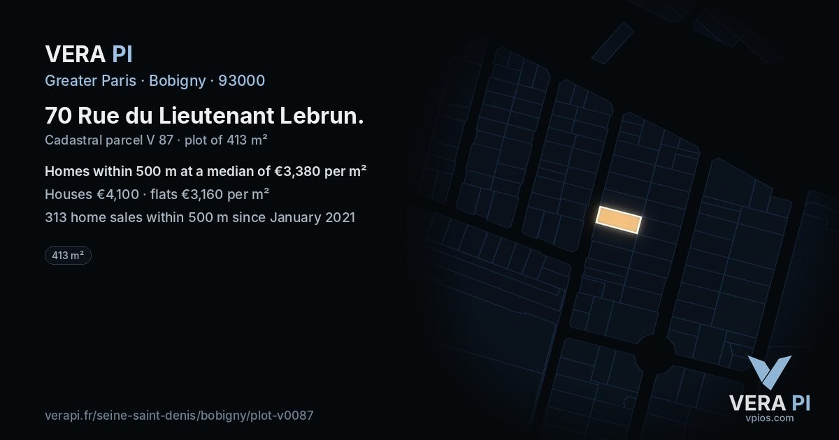 70 Rue du Lieutenant Lebrun, Bobigny at night – the plot lit, the parcels around coloured by the prices near them