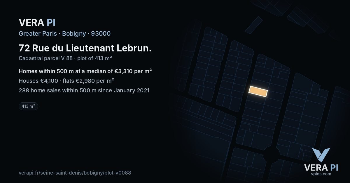 72 Rue du Lieutenant Lebrun, Bobigny at night – the plot lit, the parcels around coloured by the prices near them
