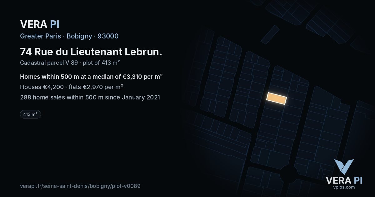 74 Rue du Lieutenant Lebrun, Bobigny at night – the plot lit, the parcels around coloured by the prices near them