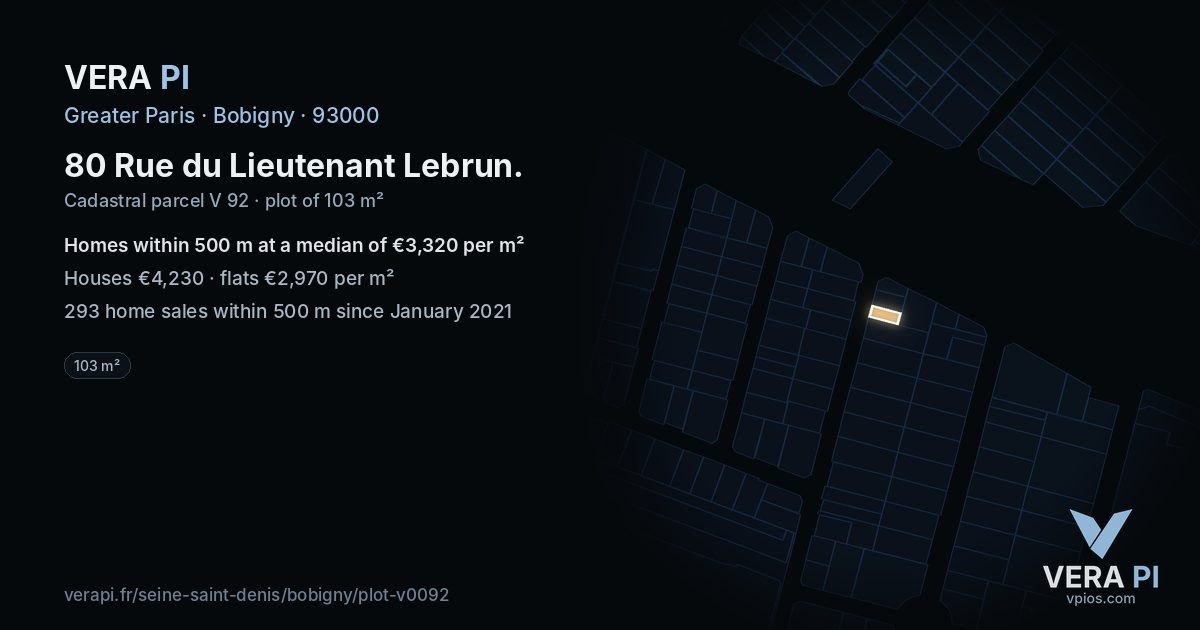 80 Rue du Lieutenant Lebrun, Bobigny at night – the plot lit, the parcels around coloured by the prices near them