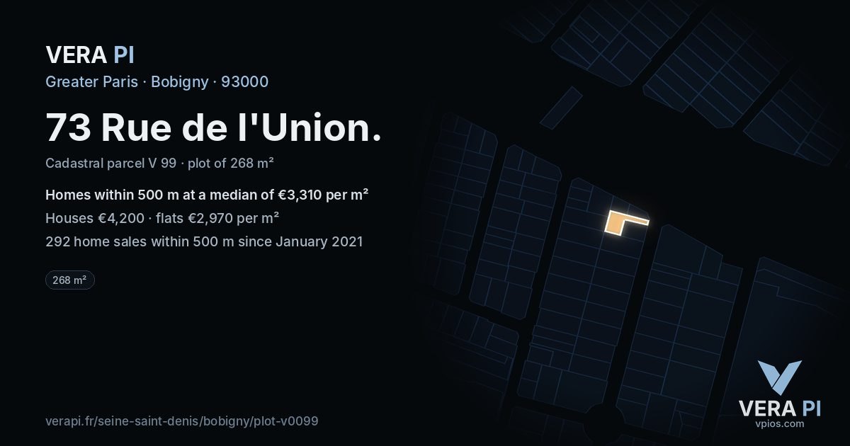 73 Rue de l'Union, Bobigny at night – the plot lit, the parcels around coloured by the prices near them