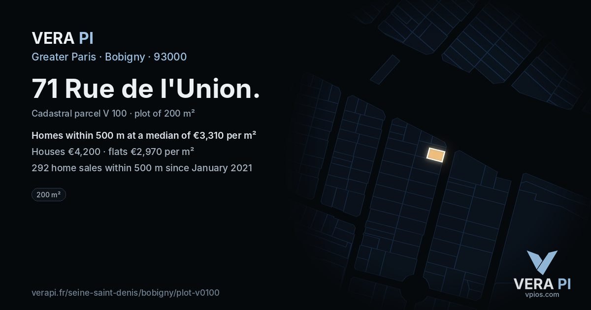 71 Rue de l'Union, Bobigny at night – the plot lit, the parcels around coloured by the prices near them