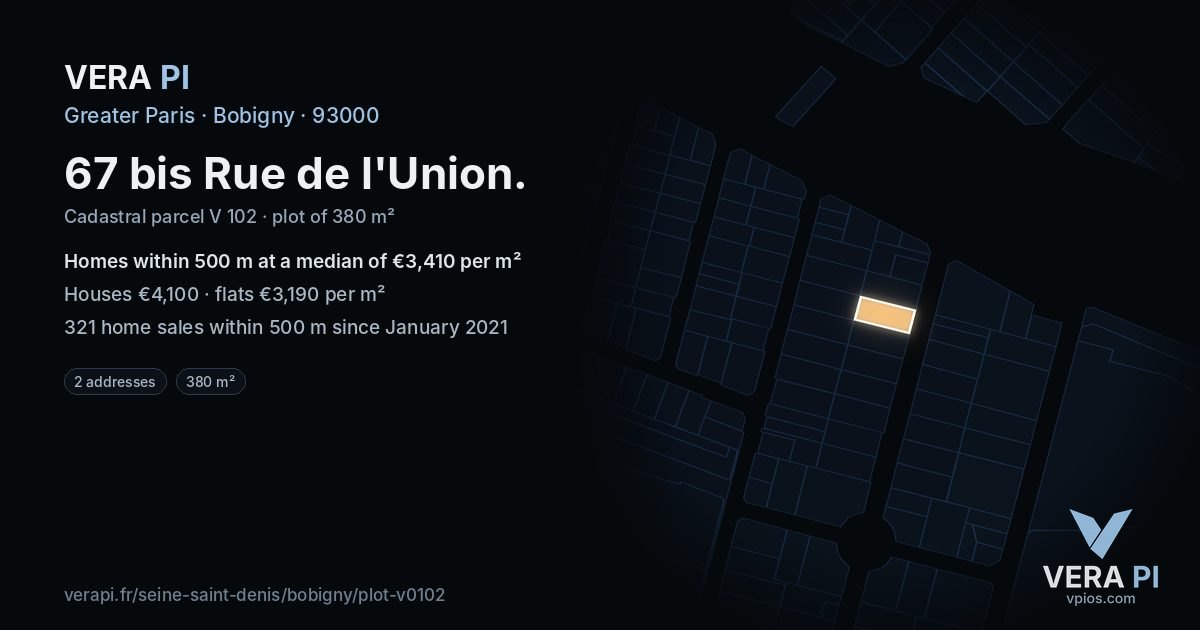 67 bis Rue de l'Union, Bobigny at night – the plot lit, the parcels around coloured by the prices near them