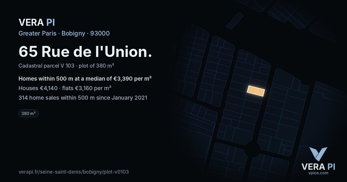 65 Rue de l'Union, Bobigny at night – the plot lit, the parcels around coloured by the prices near them