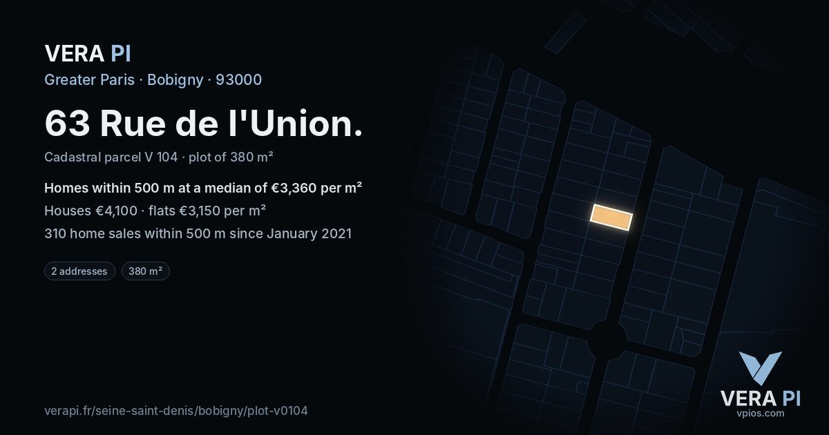 63 Rue de l'Union, Bobigny at night – the plot lit, the parcels around coloured by the prices near them
