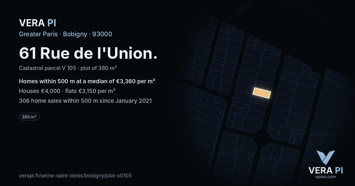 61 Rue de l'Union, Bobigny at night – the plot lit, the parcels around coloured by the prices near them