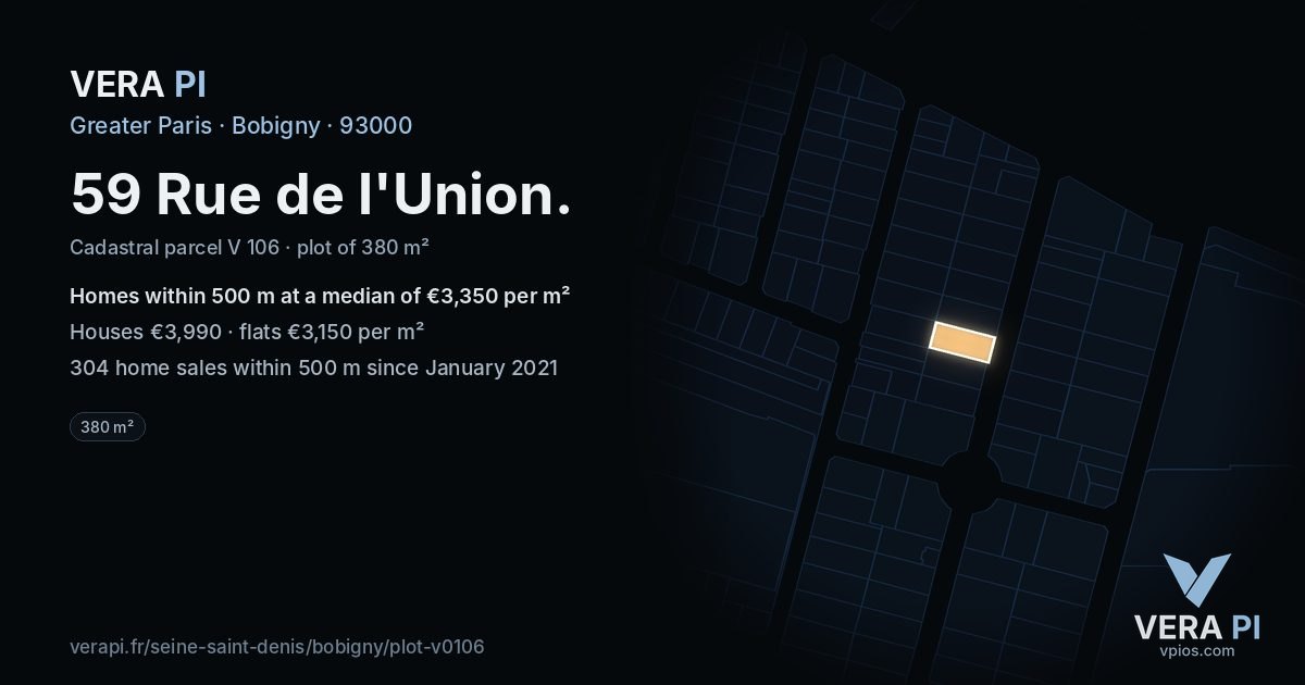 59 Rue de l'Union, Bobigny at night – the plot lit, the parcels around coloured by the prices near them