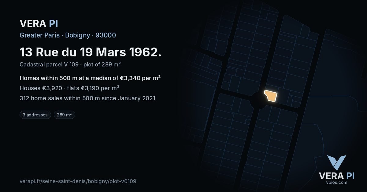 13 Rue du 19 Mars 1962, Bobigny at night – the plot lit, the parcels around coloured by the prices near them