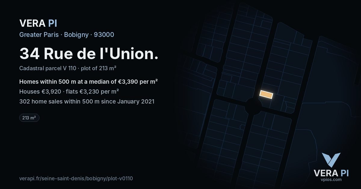 34 Rue de l'Union, Bobigny at night – the plot lit, the parcels around coloured by the prices near them