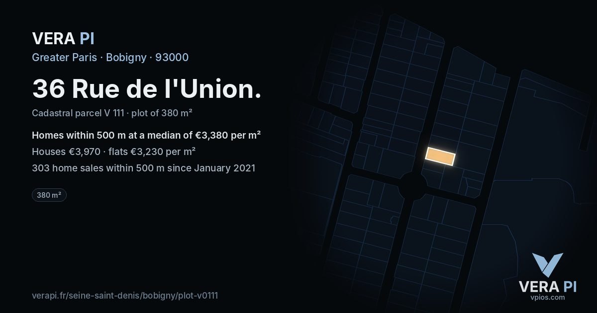 36 Rue de l'Union, Bobigny at night – the plot lit, the parcels around coloured by the prices near them