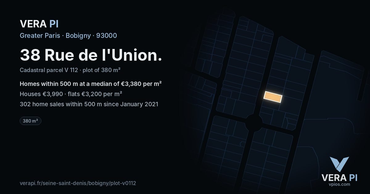 38 Rue de l'Union, Bobigny at night – the plot lit, the parcels around coloured by the prices near them