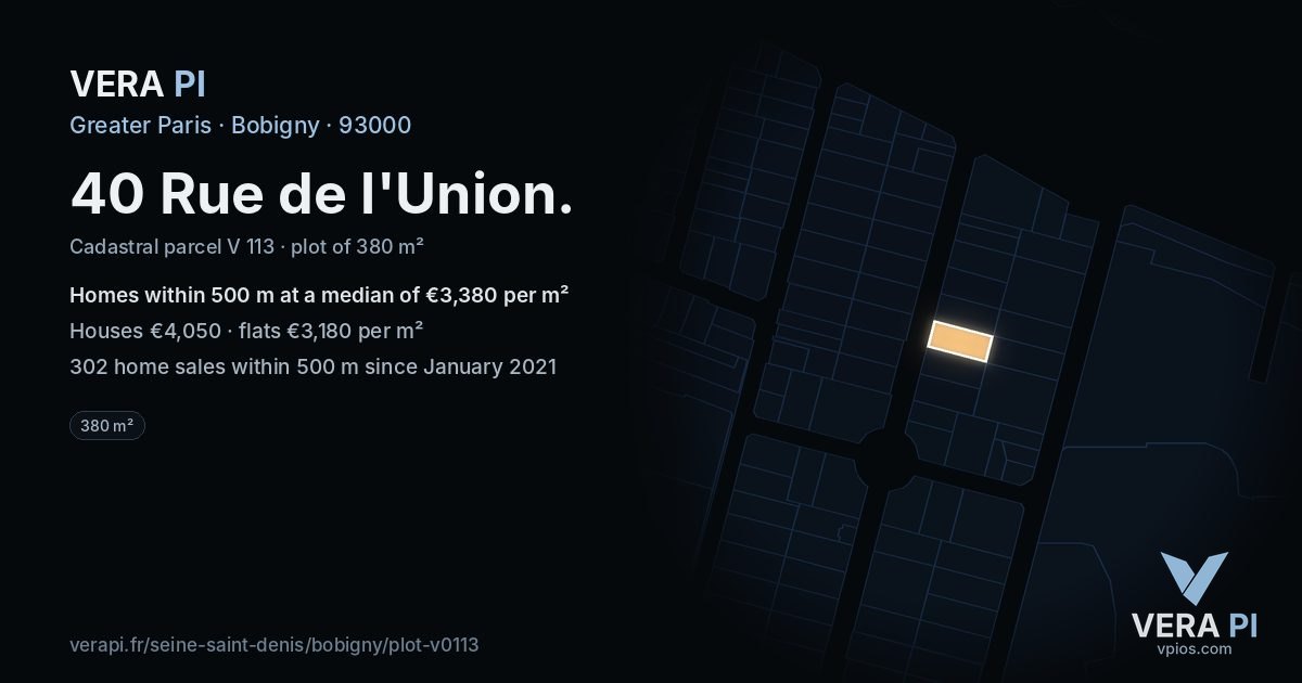 40 Rue de l'Union, Bobigny at night – the plot lit, the parcels around coloured by the prices near them