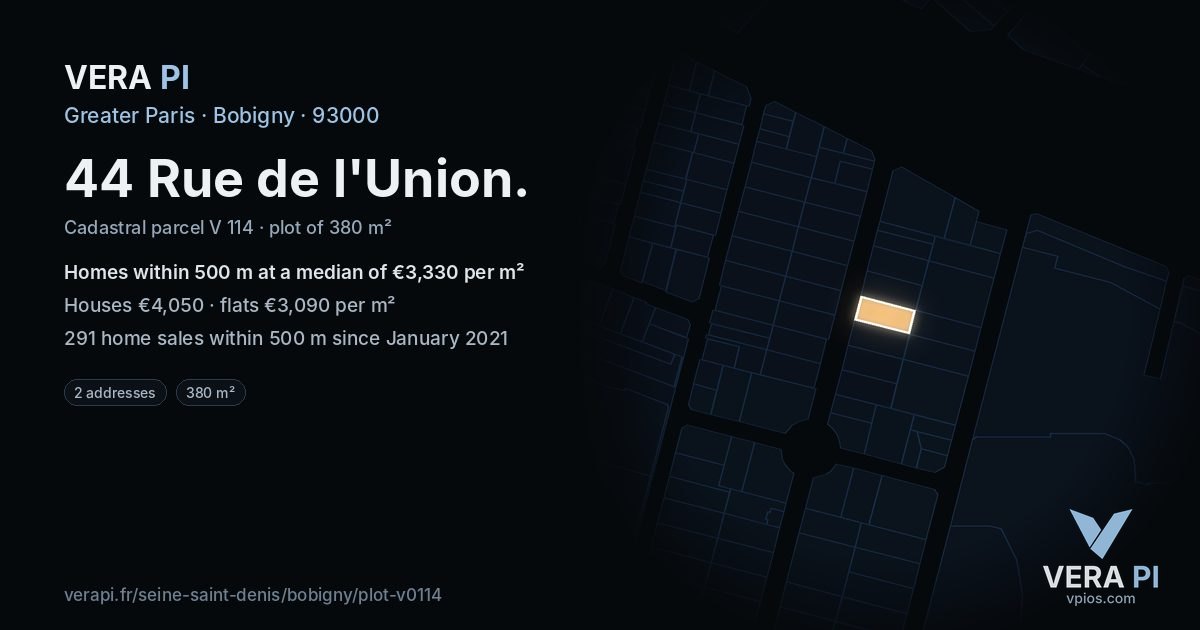 44 Rue de l'Union, Bobigny at night – the plot lit, the parcels around coloured by the prices near them