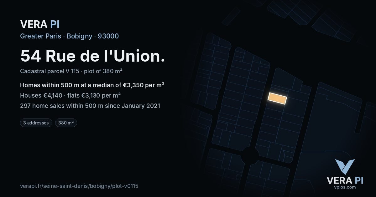 54 Rue de l'Union, Bobigny at night – the plot lit, the parcels around coloured by the prices near them