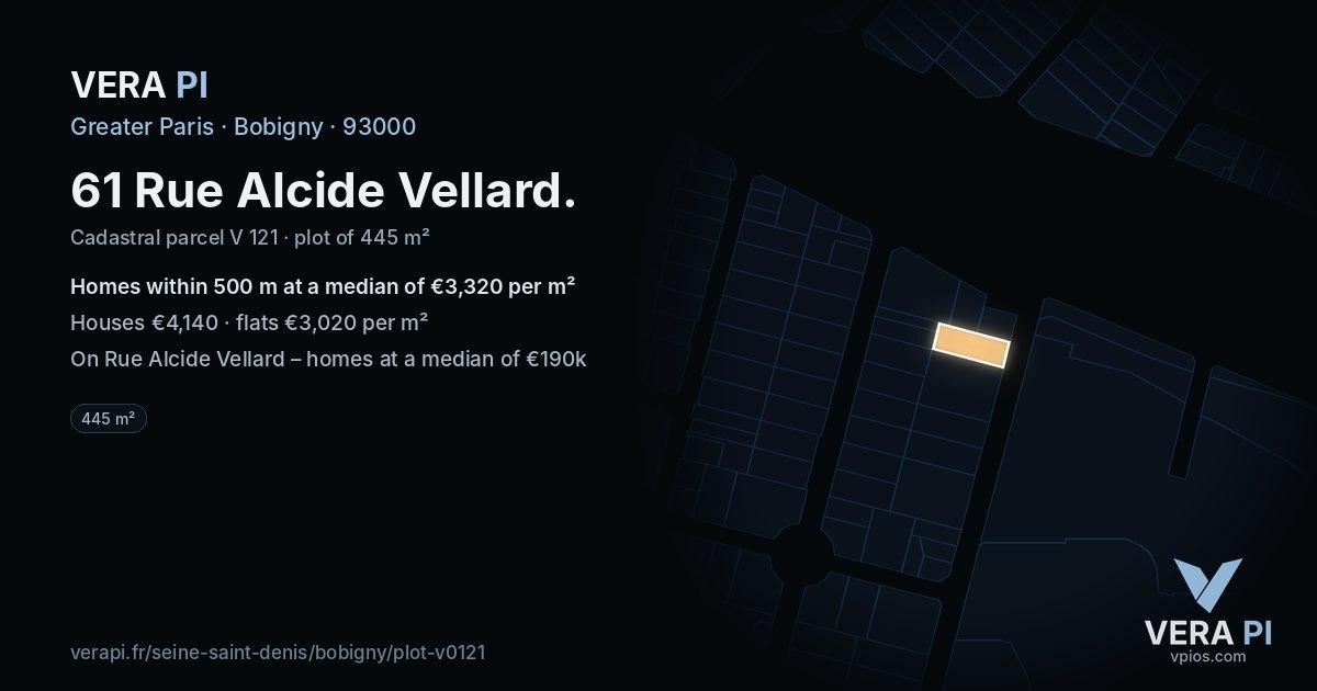 61 Rue Alcide Vellard, Bobigny at night – the plot lit, the parcels around coloured by the prices near them