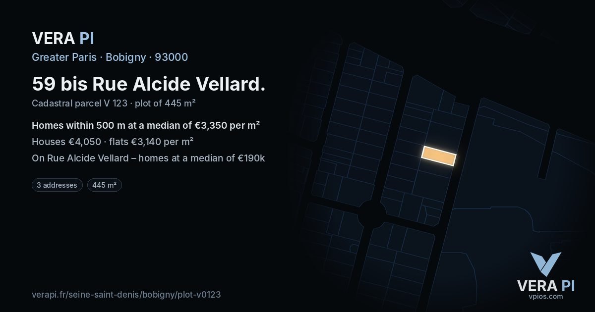 59 bis Rue Alcide Vellard, Bobigny at night – the plot lit, the parcels around coloured by the prices near them