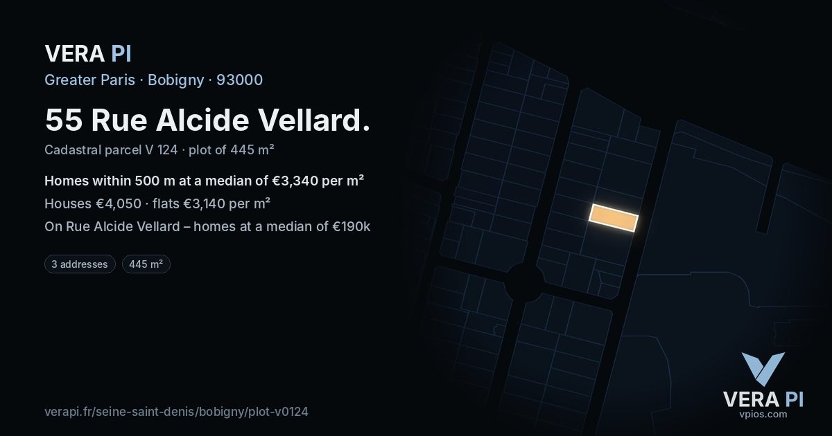55 Rue Alcide Vellard, Bobigny at night – the plot lit, the parcels around coloured by the prices near them