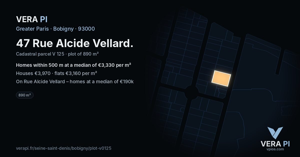 47 Rue Alcide Vellard, Bobigny at night – the plot lit, the parcels around coloured by the prices near them