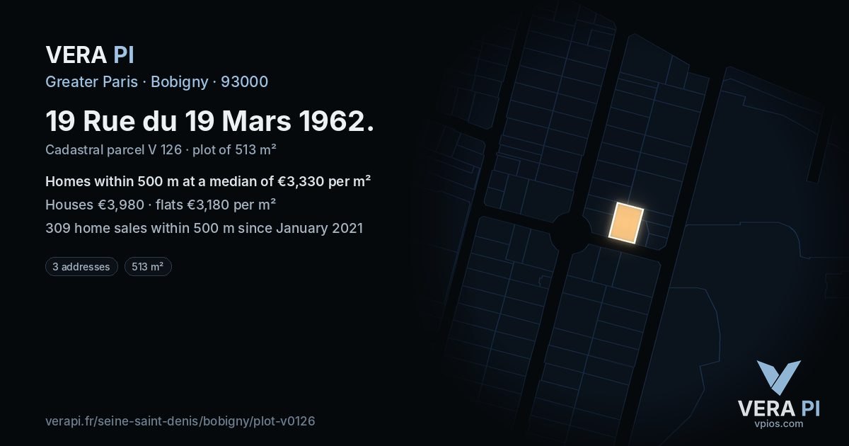 19 Rue du 19 Mars 1962, Bobigny at night – the plot lit, the parcels around coloured by the prices near them