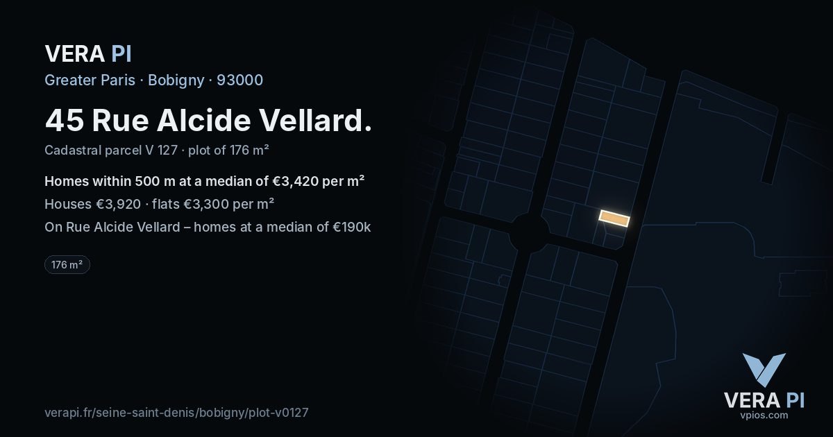 45 Rue Alcide Vellard, Bobigny at night – the plot lit, the parcels around coloured by the prices near them